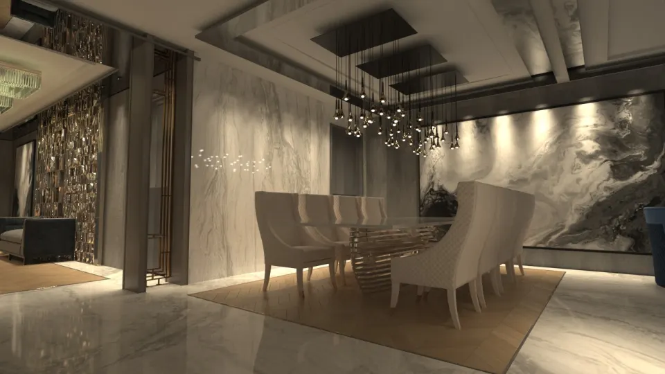 Otel Süiti Yemek Odası – Mermer Desenli Duvar, Sarkıt Avize