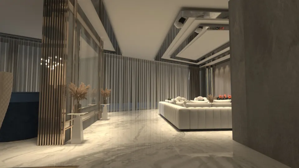 Lüks Otel Süiti Salonu – Krem Modüler Kanepe, Bronz Çıtalar