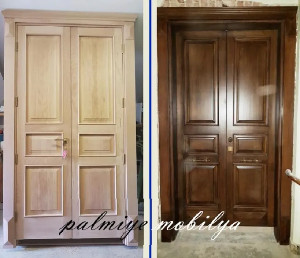 Ahşap kapı modellerinden çift kanatlı panelli kapının ham hali ve koyu ceviz tonlu boyanmış hali
