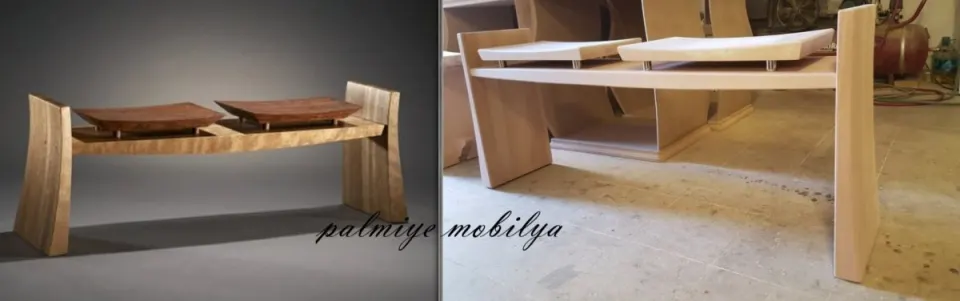 Villa için iki oturaklı ahşap bank modeli ve atölyede üretilen ham hali yan yana