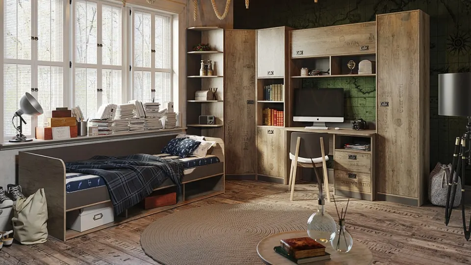Yurt Odası Mobilyası – Eskitme Ahşap, Kitaplıklı Çalışma Duvarı