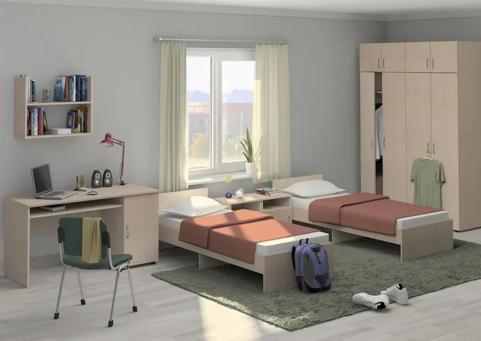 Yurt Odası Takımı – İki Tek Kişilik Yatak, Açık Meşe Tonlu