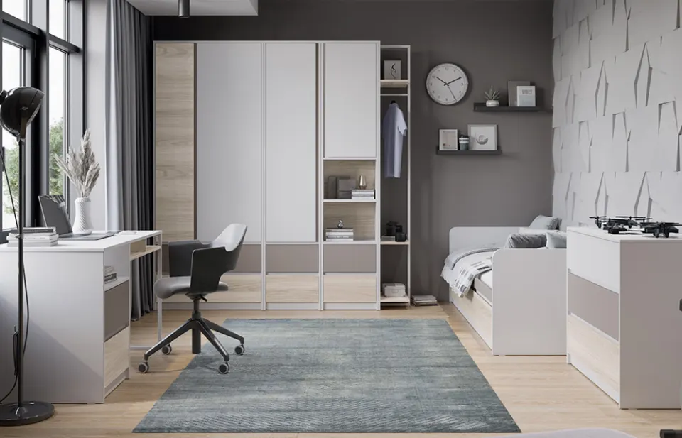 Yurt Odası Takımı – Beyaz ve Meşe, Aynalı Gardırop, Kanepe Yatak