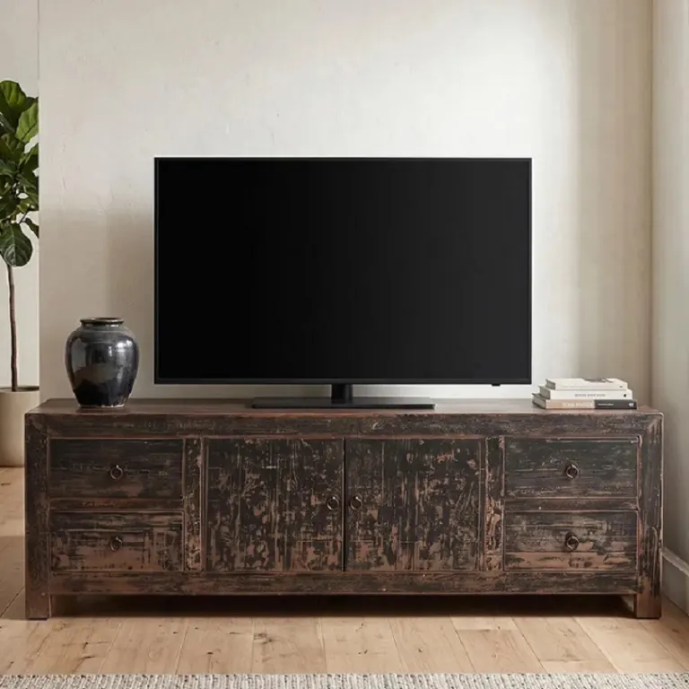 Eskitme Koyu TV Ünitesi – Oyma Panel Kapaklı, Alçak